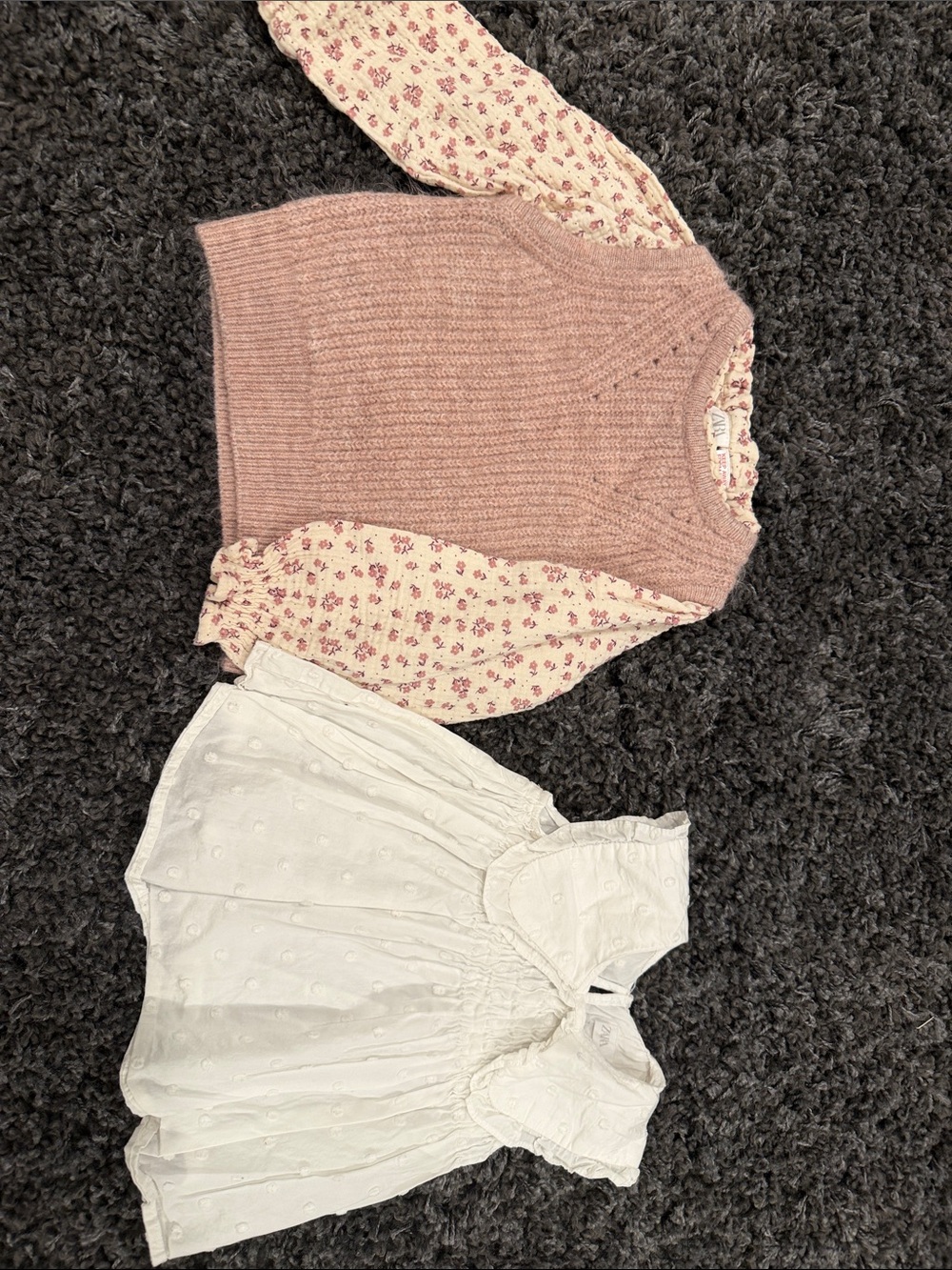Zara Pink Knit Sweater with Floral Puff Sleeves